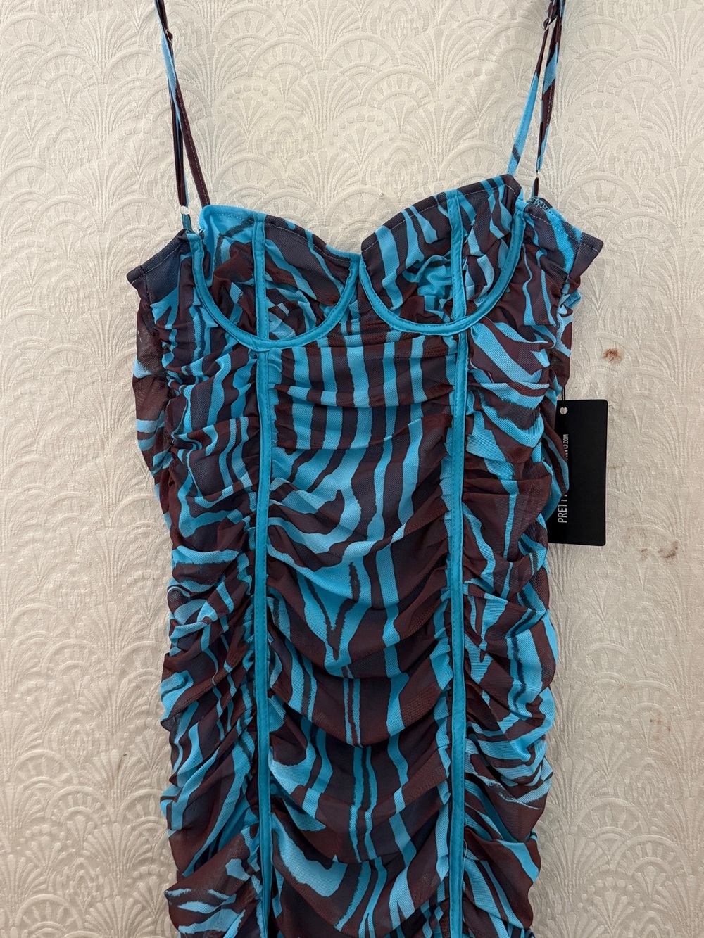 PrettyLittleThing Blue & Black Ruched Zebra Midi Dress